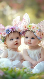 Twin fairy babies glow in dreamy floral woodland light.