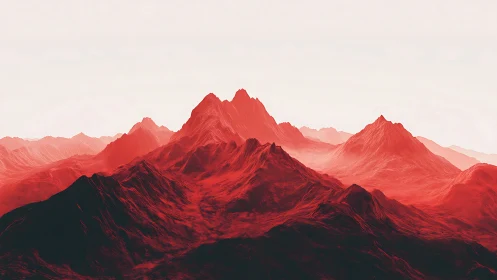 Crimson alien mountain range under pale washed sky.