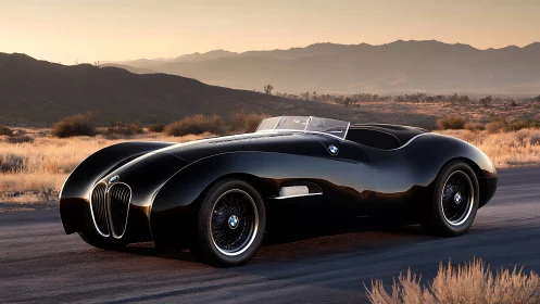 Streamlined black BMW roadster under golden desert sunset.