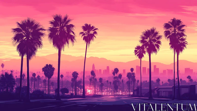 Palm-lined urban boulevard recedes toward hazy sunset skyline