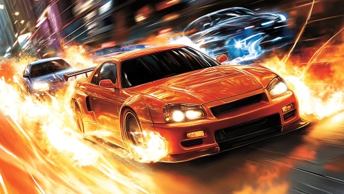 Street race scene with orange sports car in flames.
