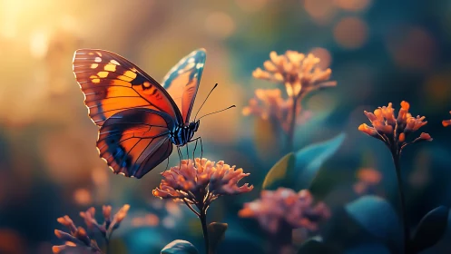 Gentle sunset butterfly resting among dreamy garden blooms.
