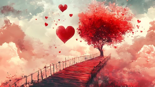 Red Heart Tree Bridge in Clouds: Love Symbol Fantasy Landscape.