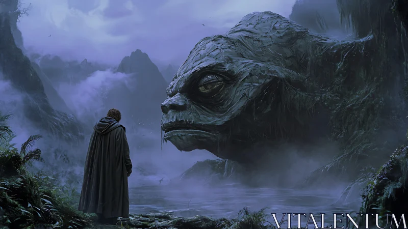 Cloaked wanderer confronting colossal swamp creature at dusk.