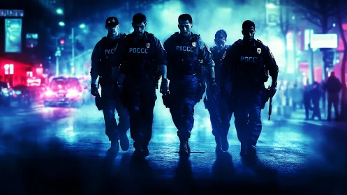 Urban tactical squad advancing through neon city haze.