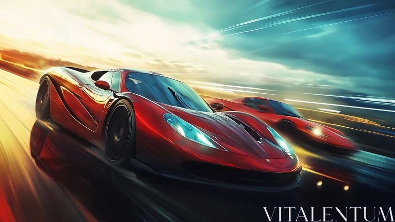 Dual hypercars accelerate through neon-lit rain at speed