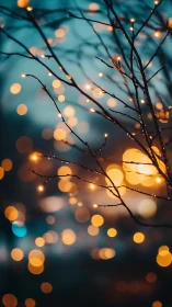 Gentle tree branches draped in dreamy golden evening lights.