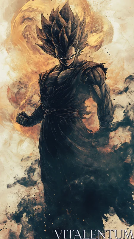 Spiky haired warrior stands in swirling fiery energy cloud