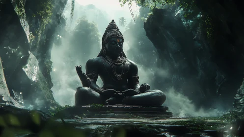 Monumental stone deity statue in misted jungle ravine at dawn
