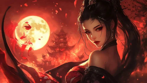 Mystical woman in red under full moon with burning sky.