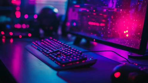 Neon lit gaming desk glows with colorful late night energy