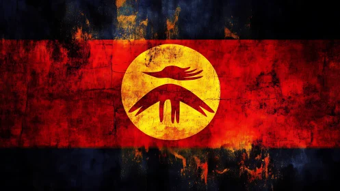 Grunge textured flag design with stylized bird emblem in circle