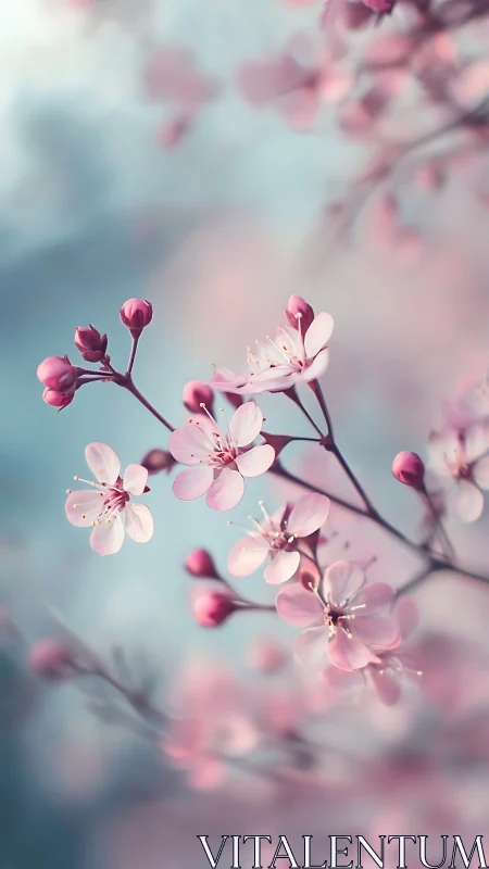 Pink Cherry Blossoms Against Soft Blue Background.