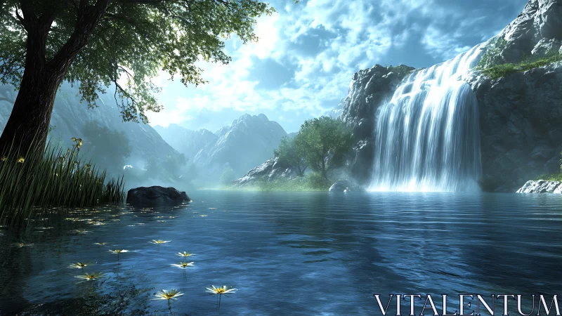 Waterfall whispers across glassy lake beneath wild sky