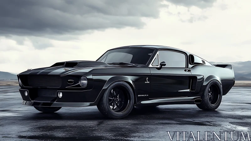 Retrofastback muscle coupe under storm-lit reflective asphalt.