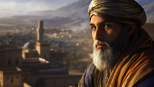 Spectral-lit scholar in turban overlooking desert citadel.