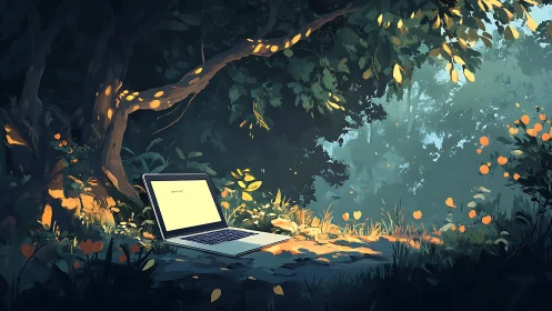 Open laptop on forest ground under dense green canopy.