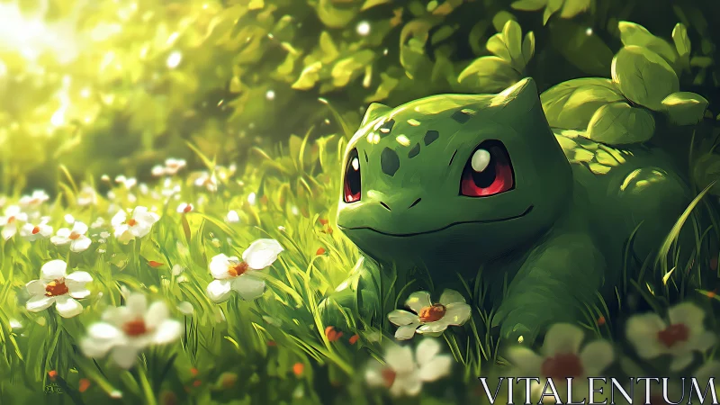 Bulbasaur creature resting in dense sunlit flower meadow.