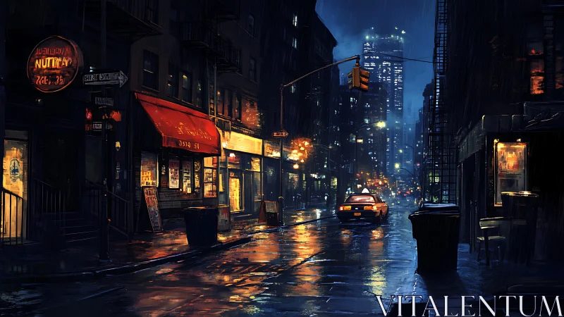 Rain-soaked city street glows under midnight neon haze