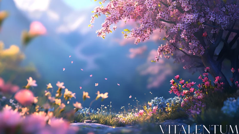 Digital painting of spring blossom grove with depth-of-field focus.