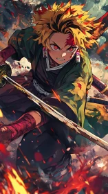 Sword-wielding anime fighter amid embers and motion blur.