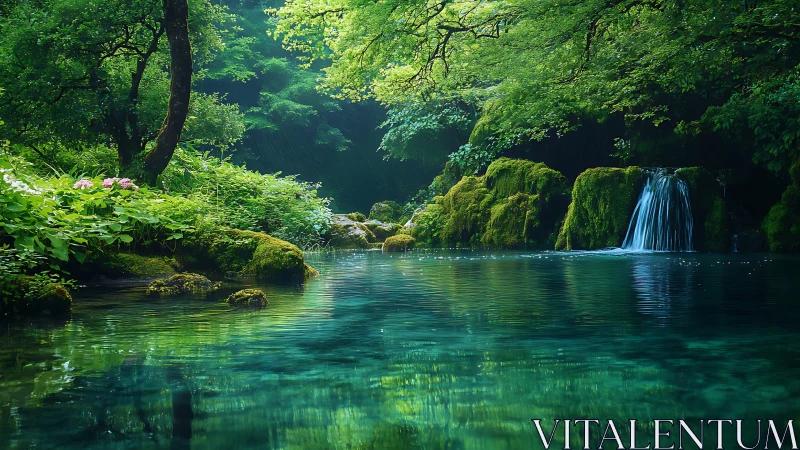 Peaceful emerald forest pool with gentle mossy waterfall.