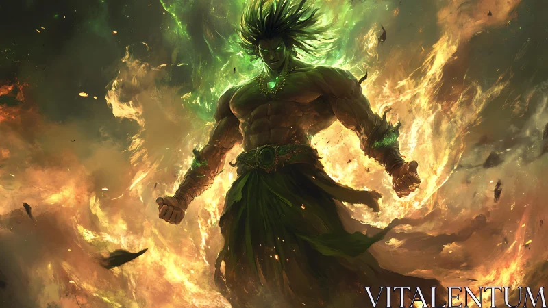 Elemental warlord emerging from bifurcated flame vortex field.