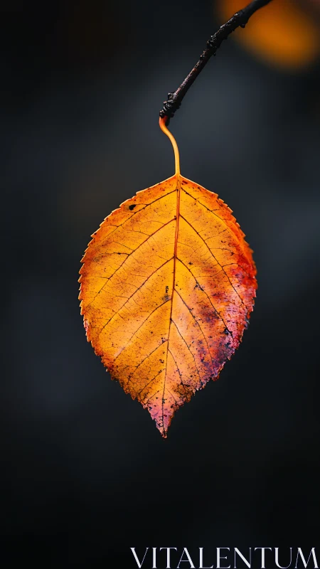 Single autumn leaf suspended on dark blurred background.