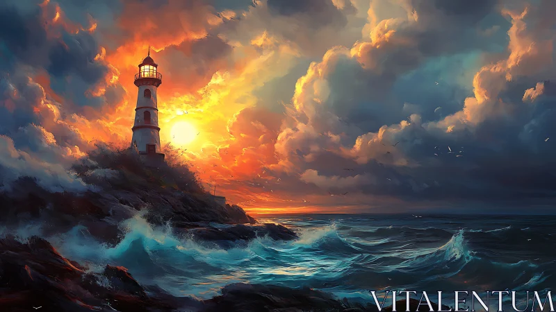 Coastal lighthouse with turbulent sea at vivid sunset.
