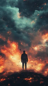 Silhouetted figure amid explosive fire and atmospheric clouds
