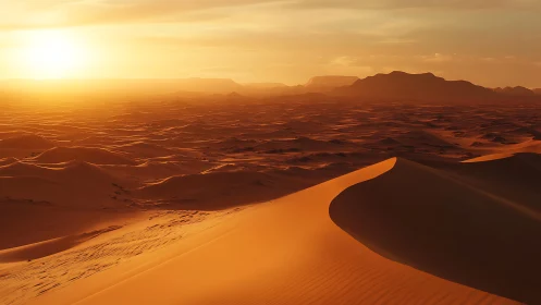 Sunlit desert dunes glow under low horizon sunset light