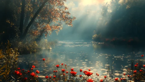 Volumetric dawn light over misted river and red flora.