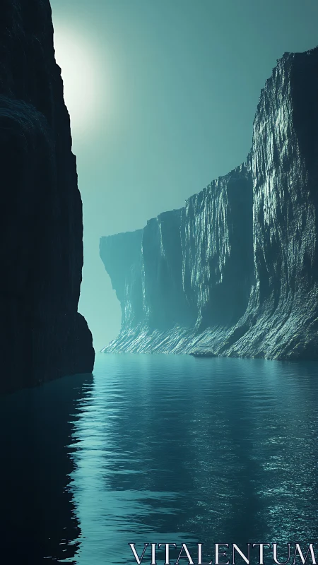Vertical sci-fi fjord corridor in moody 3D atmospheric lighting.