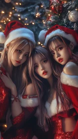 Three digital women in red Santa outfits at Christmas.