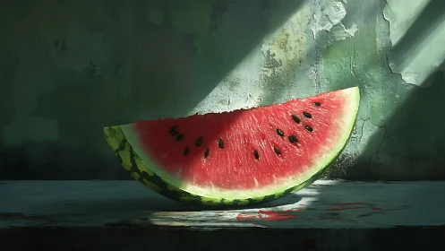 Watermelon slice under strong directional window light.