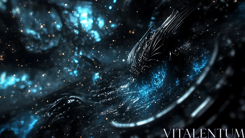 Dark alien construct over glowing blue cosmic rift.