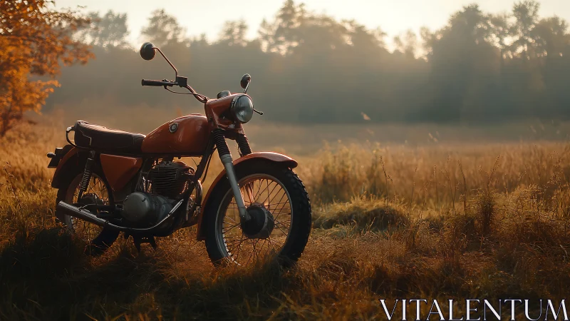 Vintage motorcycle stands in a sunlit field at dawn