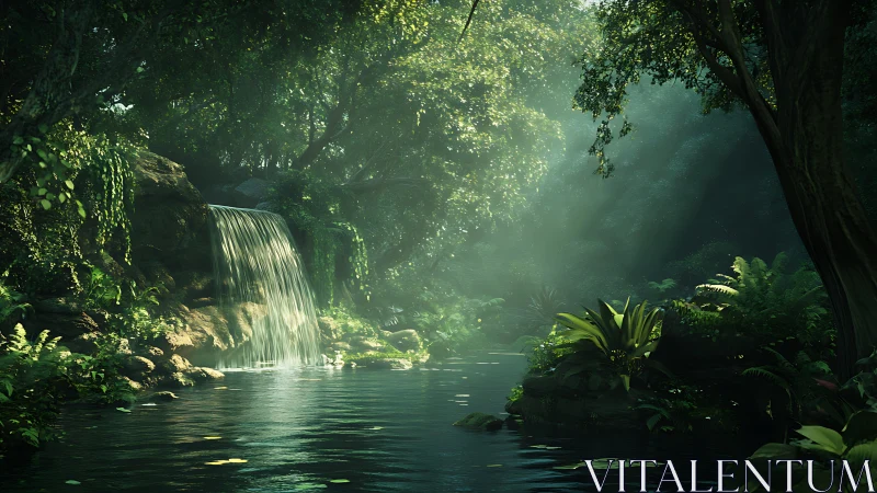 Emerald hush of a hidden jungle waterfall sanctuary scene.