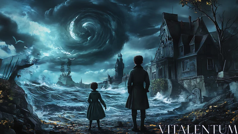 Children observing storm vortex near coastal gothic house.