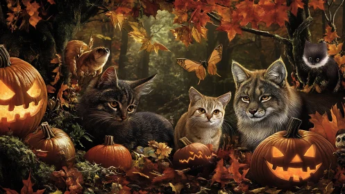 Autumn Nocturne: Felines and Jack-O'-Lanterns in Enchanted Forest.