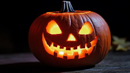 Glowing jack o lantern grinning wide on a cozy dark night.