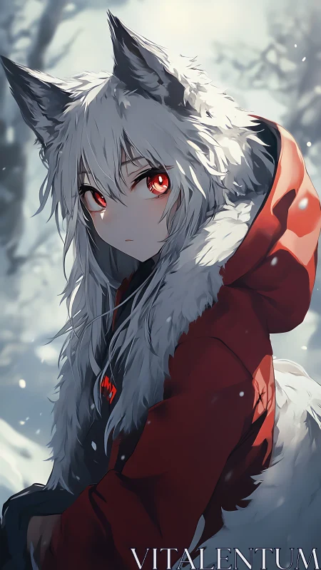 Winter fox-eared wanderer wrapped in crimson calm.