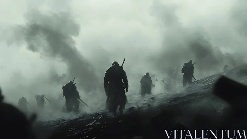 Fog-drowned warriors drift forward through a broken ashplain