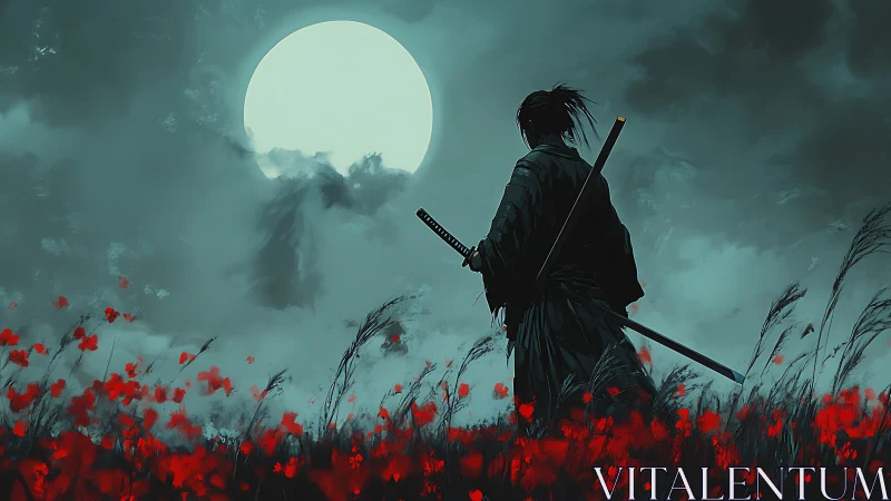 Lone samurai surveys scarlet field beneath ghost moon.
