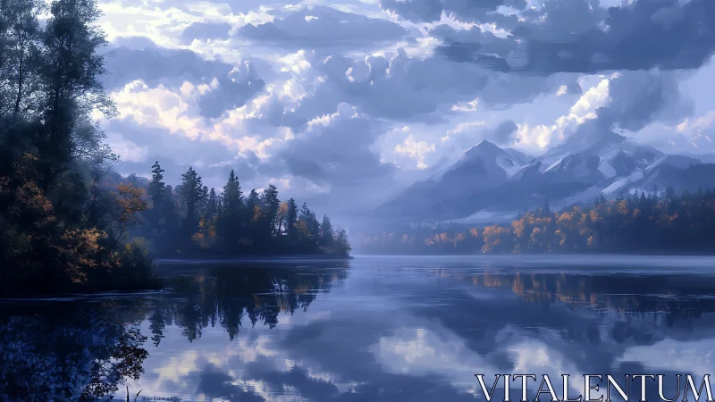 Misty sapphire lake cradling autumn pines and distant peaks.