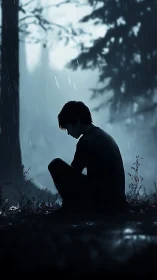 Solitary boy silhouette in rainy nocturnal forest scene.