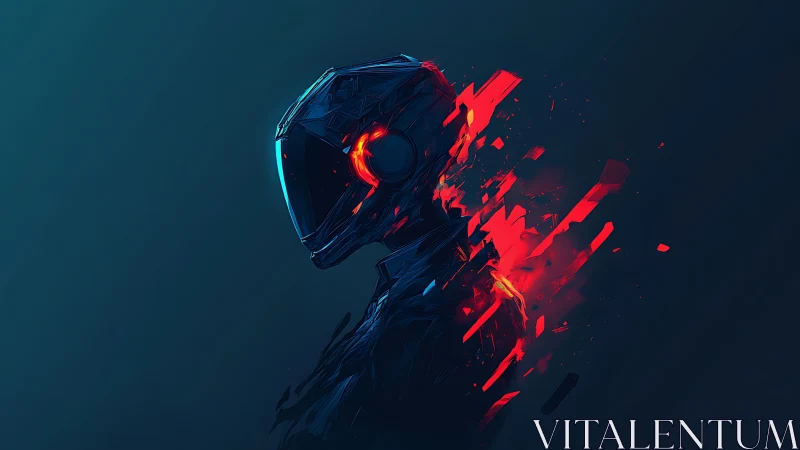 Shattered cyber warrior turns glowing data into quiet flame