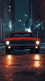 Red muscle car on wet city street at night front view.