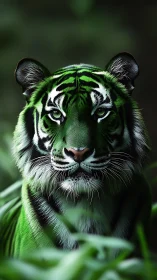Serene emerald tiger resting quietly in lush green jungle.