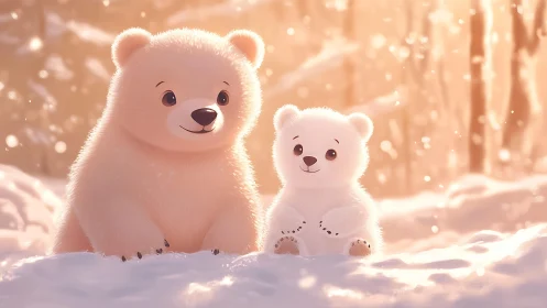 Two stylized polar bear cubs in sunlit winter environment.